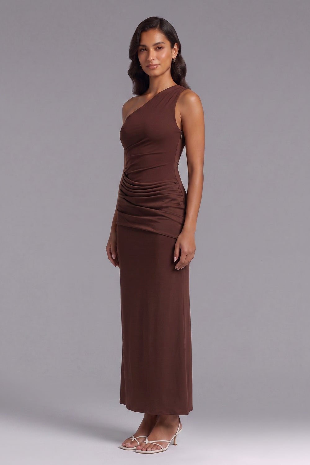 68a6da5ee5444792 ONE-SHOULDER CHOCOLATE MAXI DRESS, STRETCH JERSEY