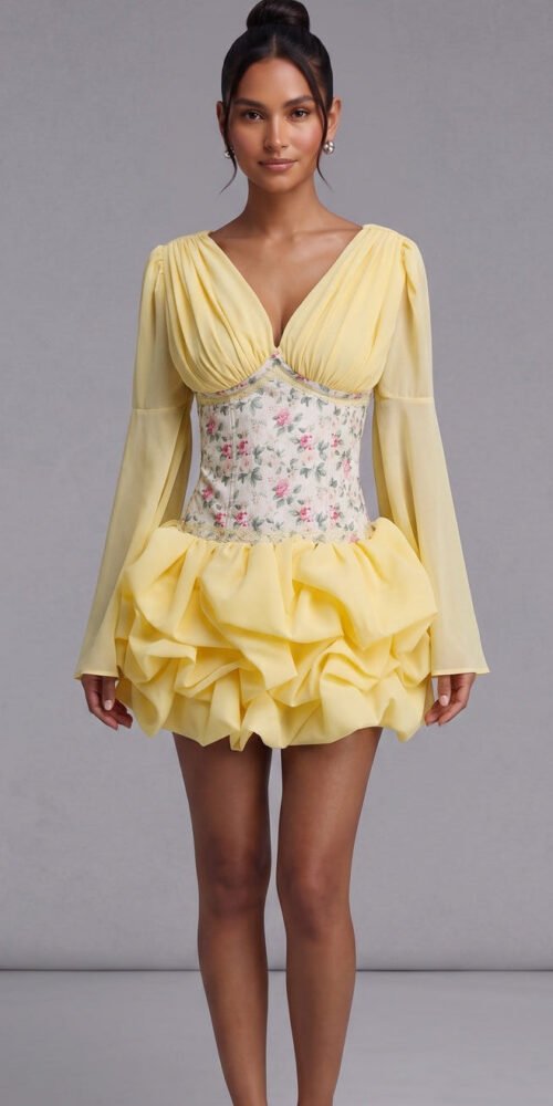68de52194e500573 PASTEL YELLOW CORSET FIT-FLARE CHIFFON MINI DRESS