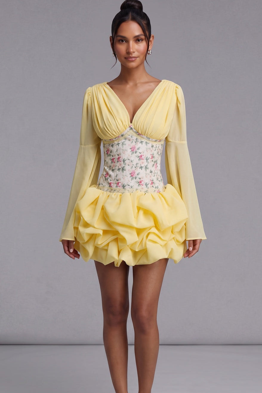 68de52194e500573 PASTEL YELLOW CORSET FIT-FLARE CHIFFON MINI DRESS