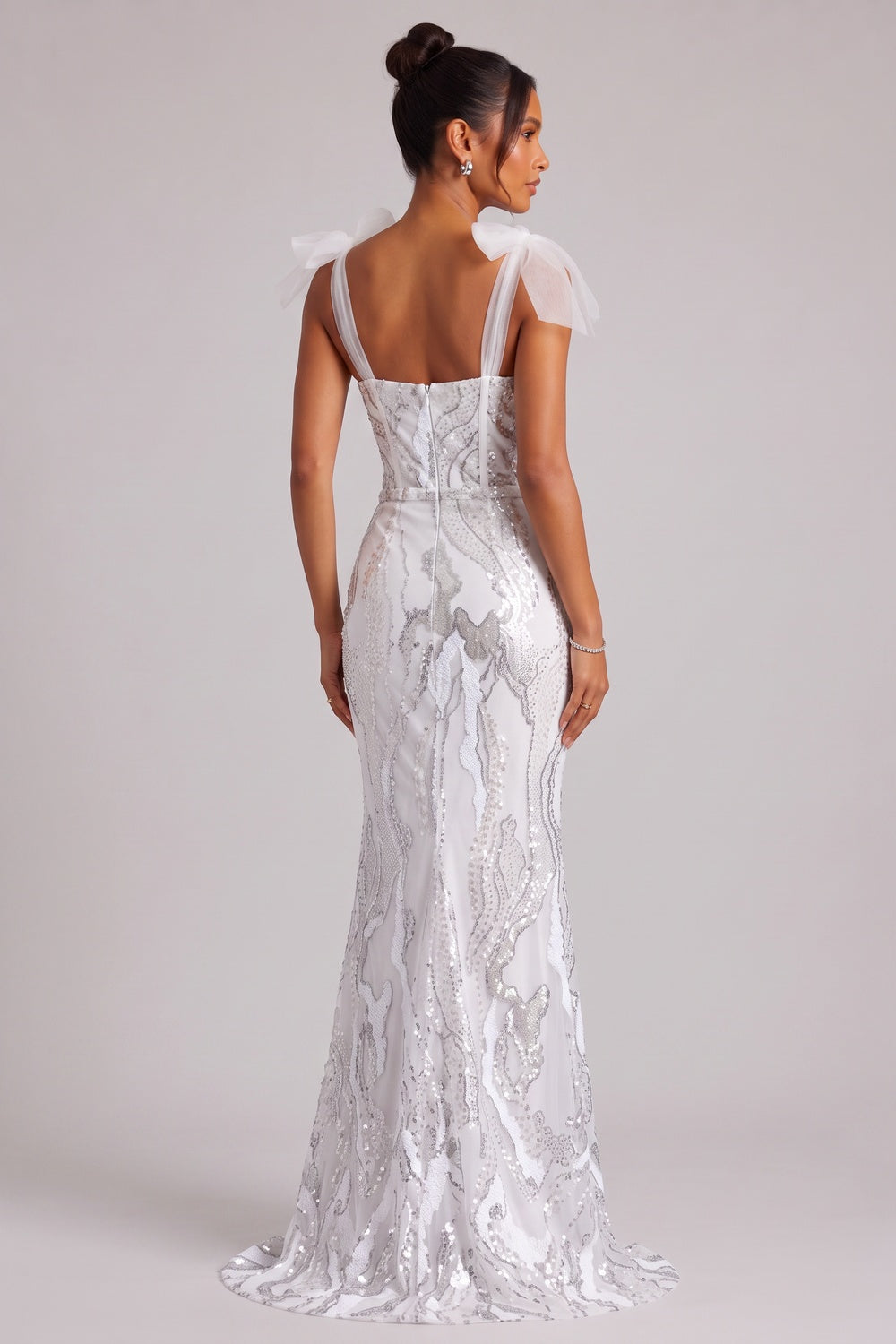 68f0b5470b583459 WHITE SEQUIN BOW STRAP GOWN, FLOOR-LENGTH EVENING DRESS