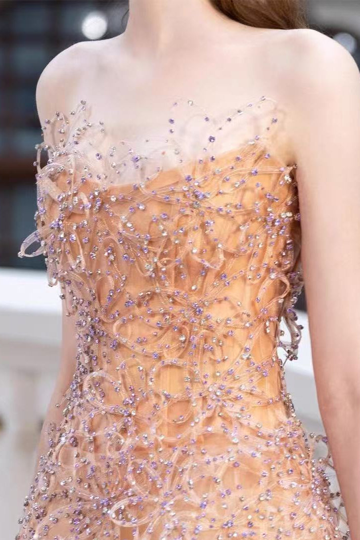 6909b0a5ee9293cc08f681691938a2e2 NUDE BEADED STRAPLESS COLUMN MAXI DRESS