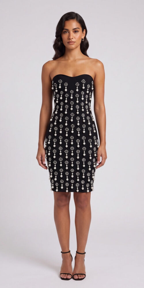 692903963d709b92 STRAPLESS PEARL RHINESTONE BODYCON MINI DRESS