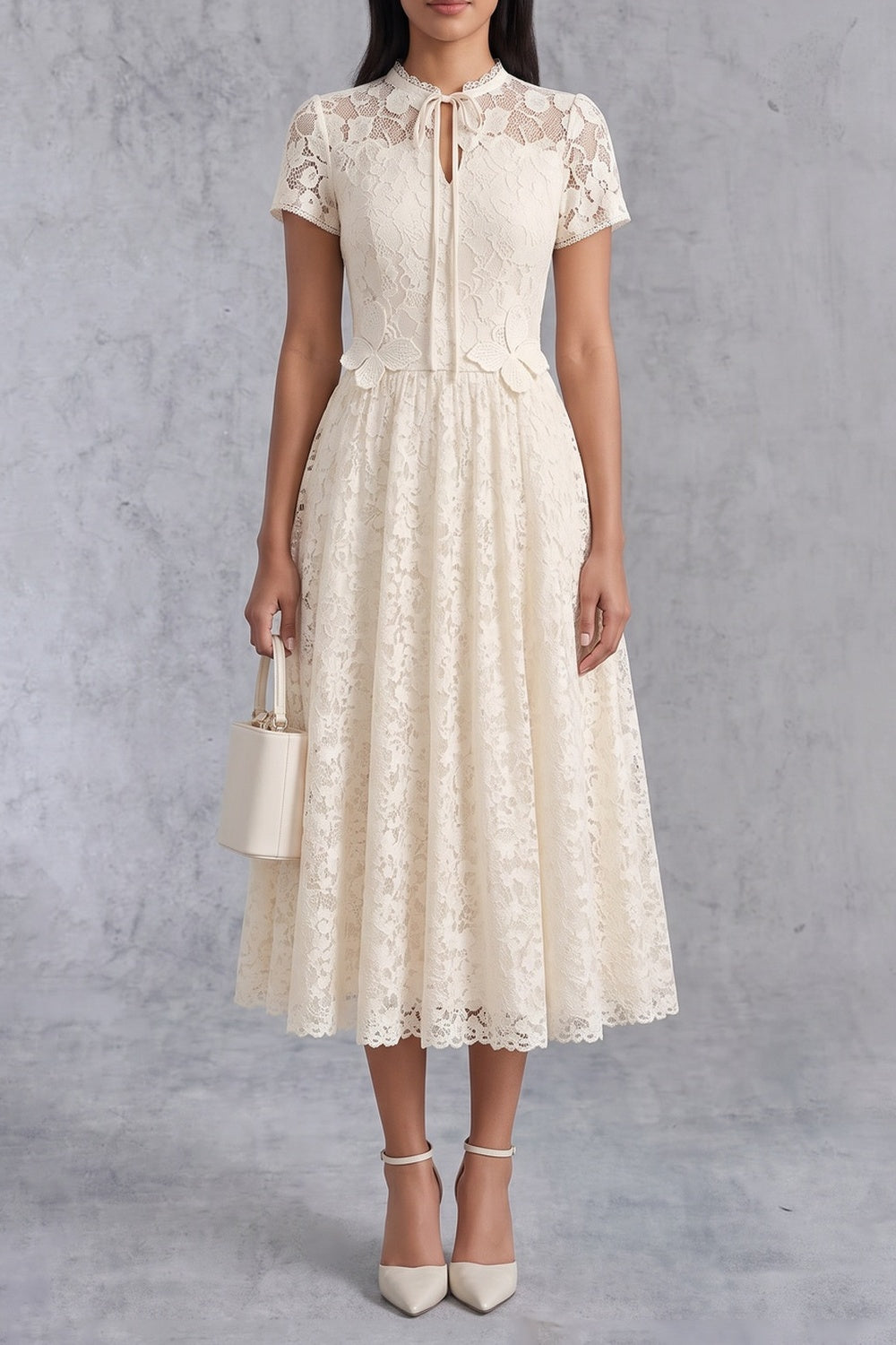 6948e5e152461712 CREAM LACE TIE-NECK A-LINE MIDI DRESS