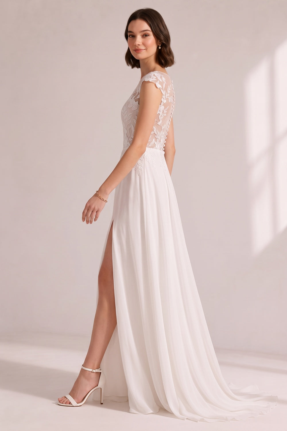 695496b2e0aeced1 ILLUSION CAP SLEEVE LACE HIGH SLIT CHIFFON WEDDING GOWN