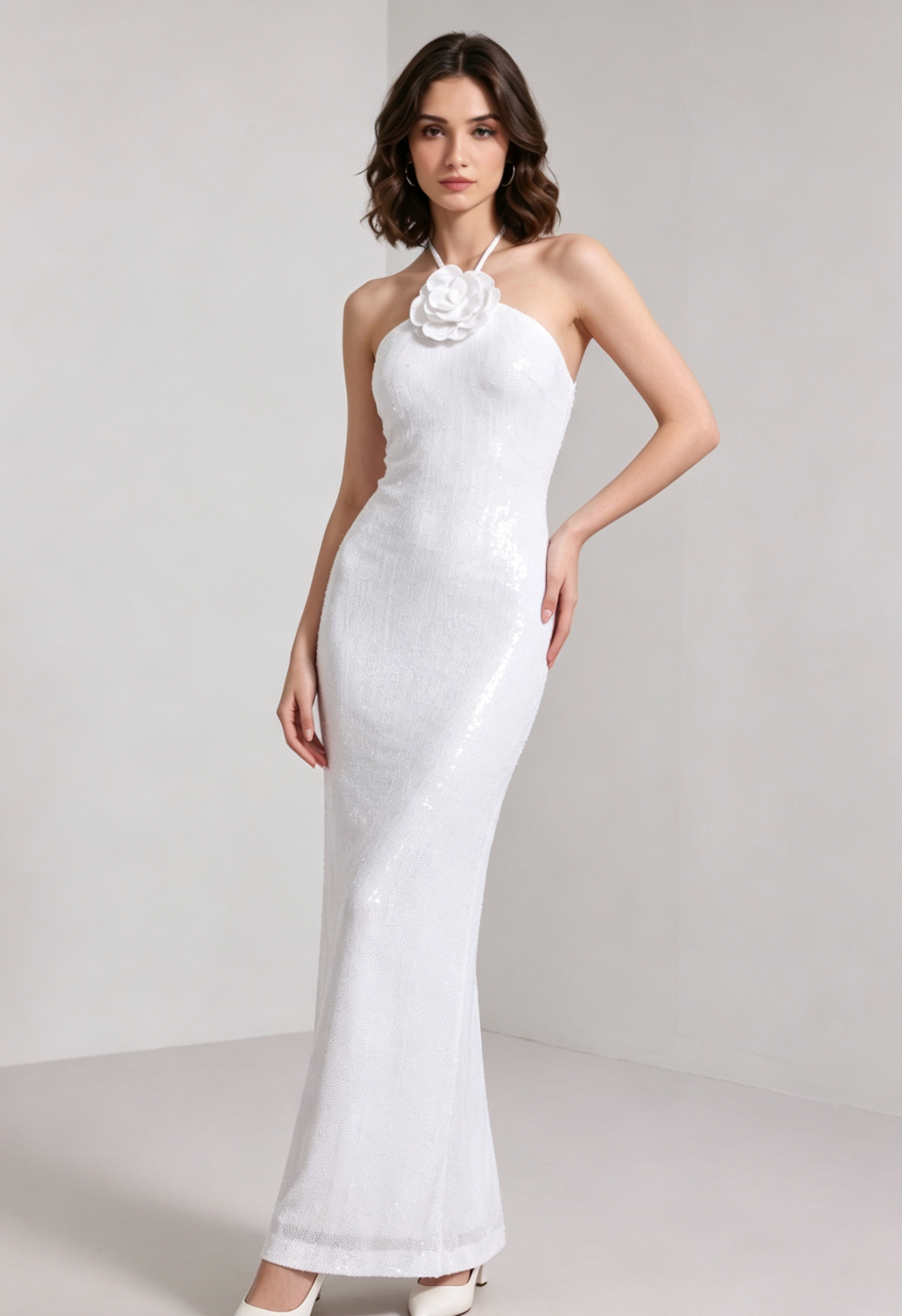 WHITE SEQUIN MESH COLUMN DRESS FLOWER EMBELLISHMENT