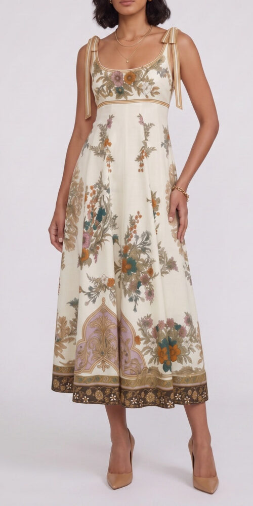 696bde42ce7b4554 VINTAGE FLORAL TIE STRAP EMPIRE MIDI DRESS