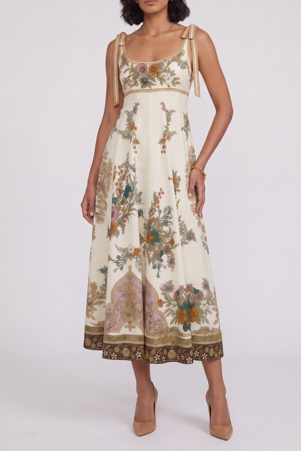 696bde42ce7b4554 VINTAGE FLORAL TIE STRAP EMPIRE MIDI DRESS