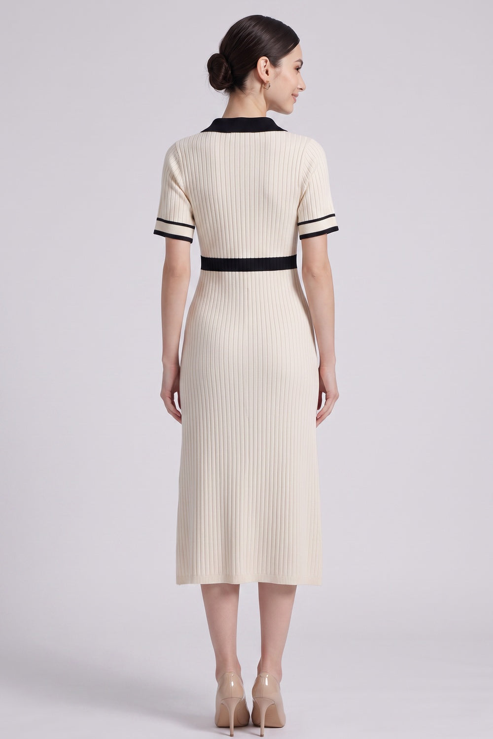 CREAM RIBBED MIDI DRESS BLACK TRIM COCKTAIL