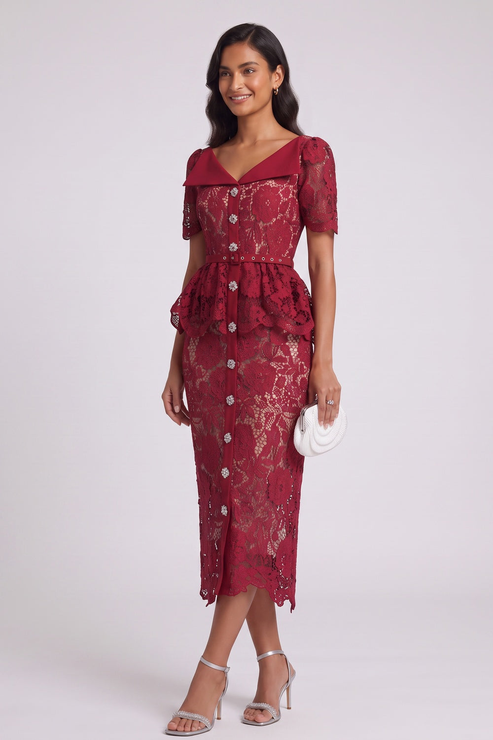 DARK RED PEPLUM LACE SHEATH DRESS, FORMAL