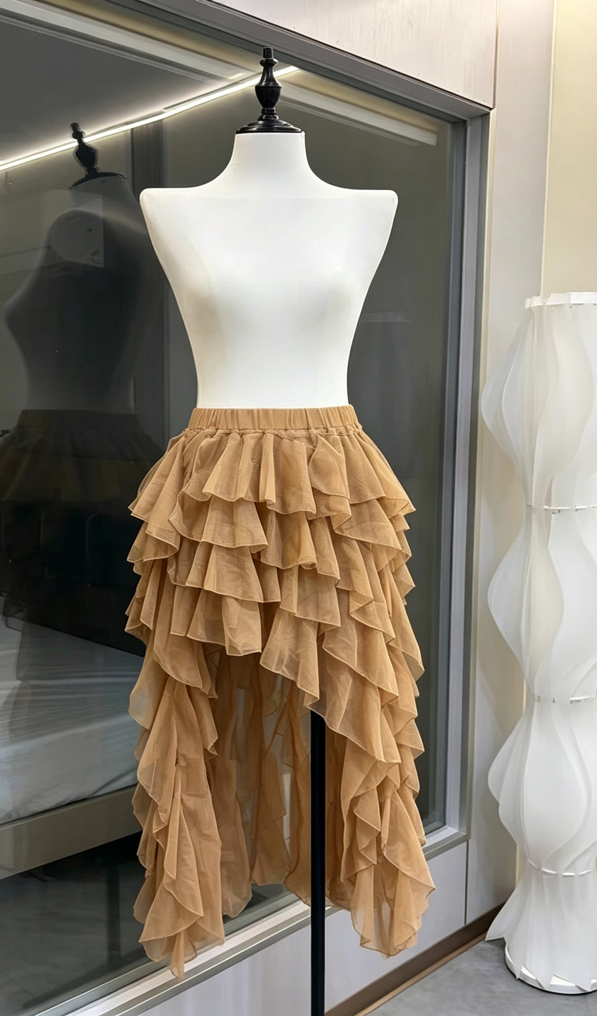 NUDE SHEER STRAP BLACK 3D FLORAL CORSET TOP & HIGH LOW RUFFLE TULLE SKIRT SET