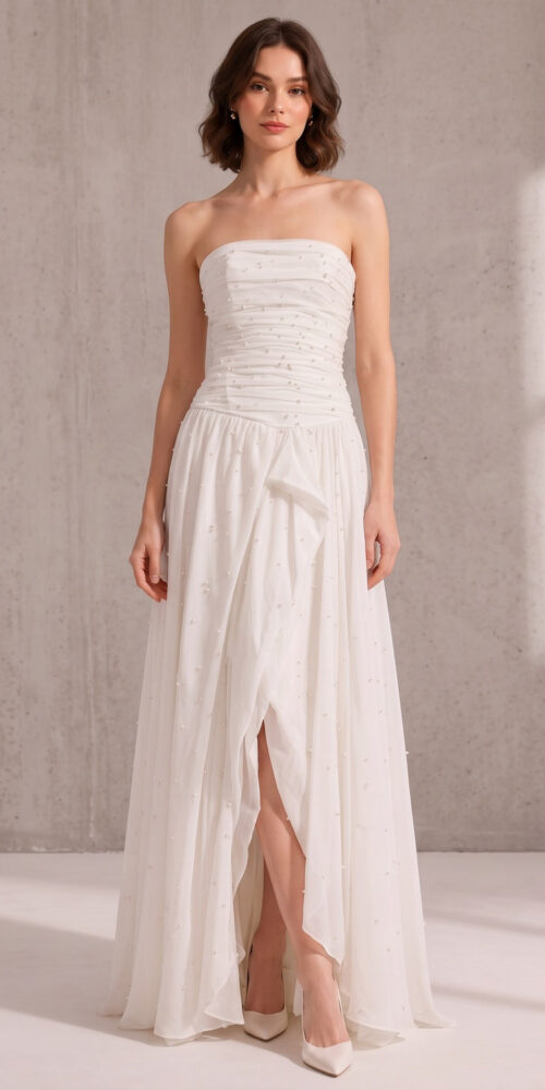 6a277a26b9127136 WHITE STRAPLESS RUCHED PEARL CHIFFON HIGH SLIT MAXI GOWN