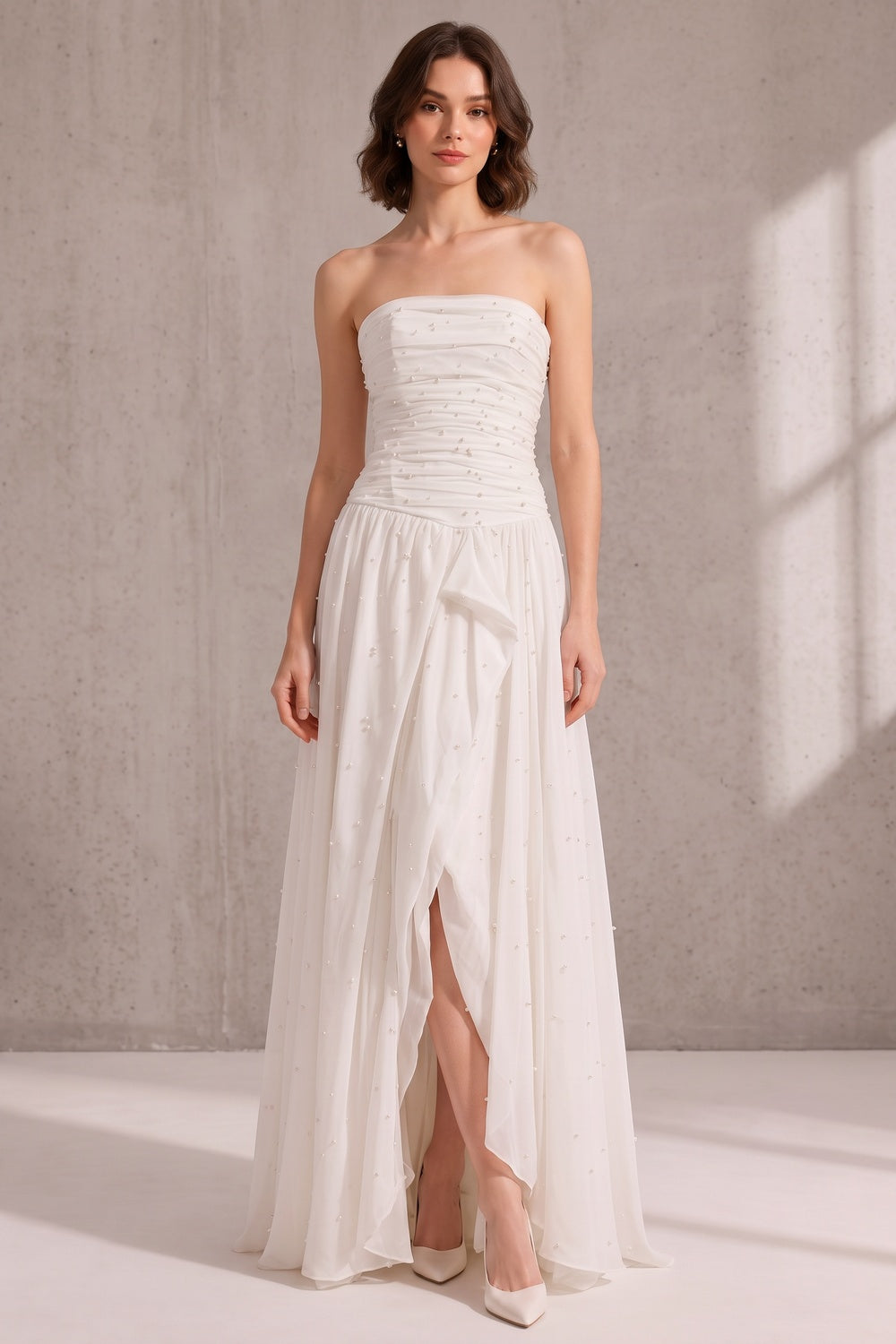 6a277a26b9127136 WHITE STRAPLESS RUCHED PEARL CHIFFON HIGH SLIT MAXI GOWN