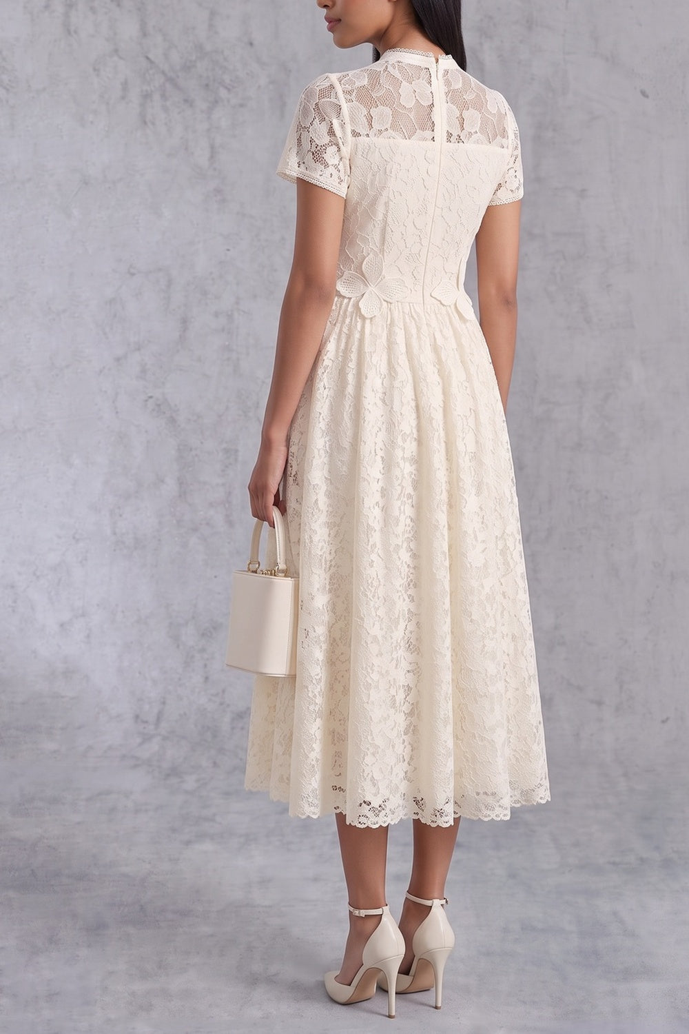 6a2e82d3c83c1e40 CREAM LACE TIE-NECK A-LINE MIDI DRESS