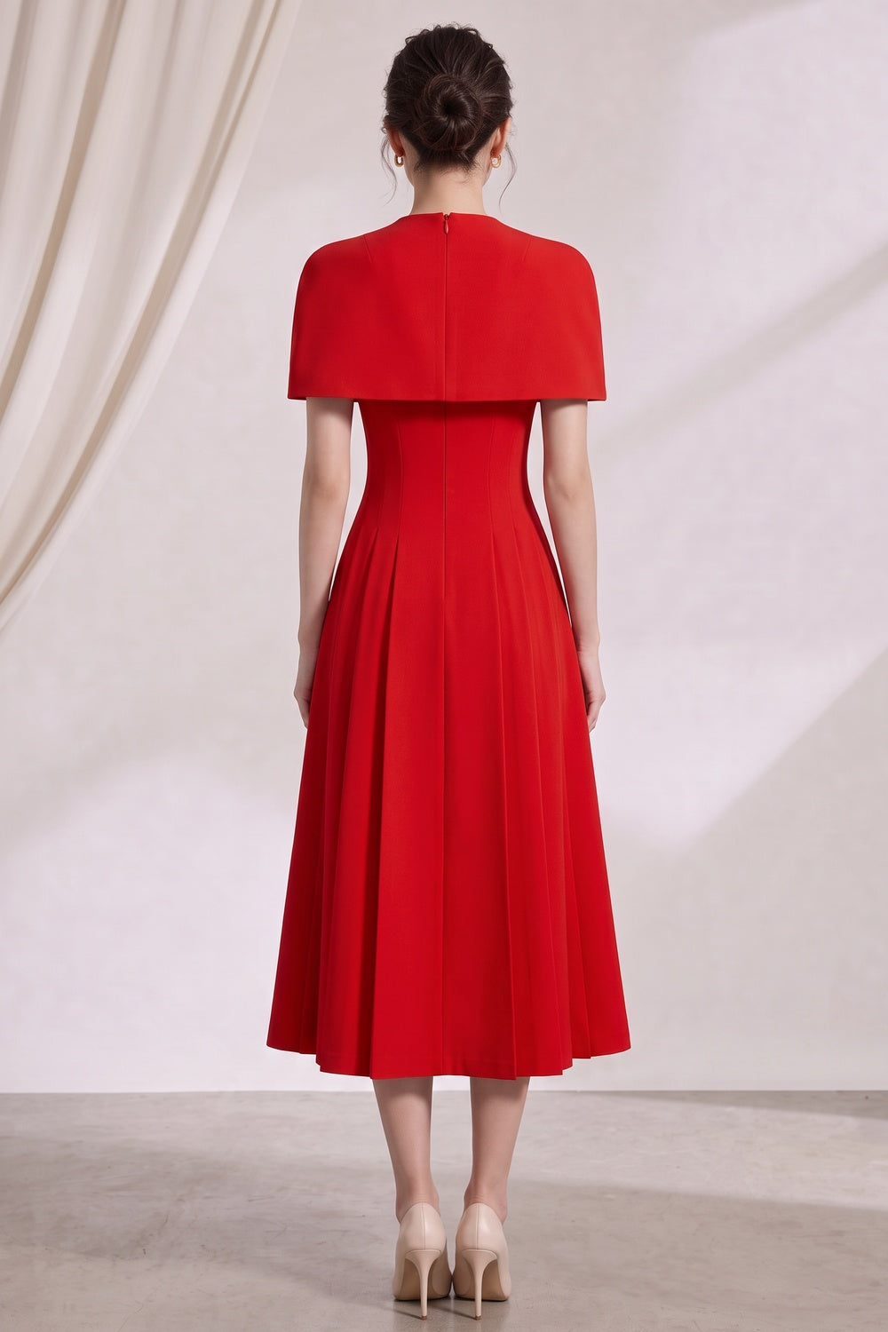 6a8bf7fef718a5c2 RED CREPE FIT-AND-FLARE MIDI DRESS WITH CAPELET