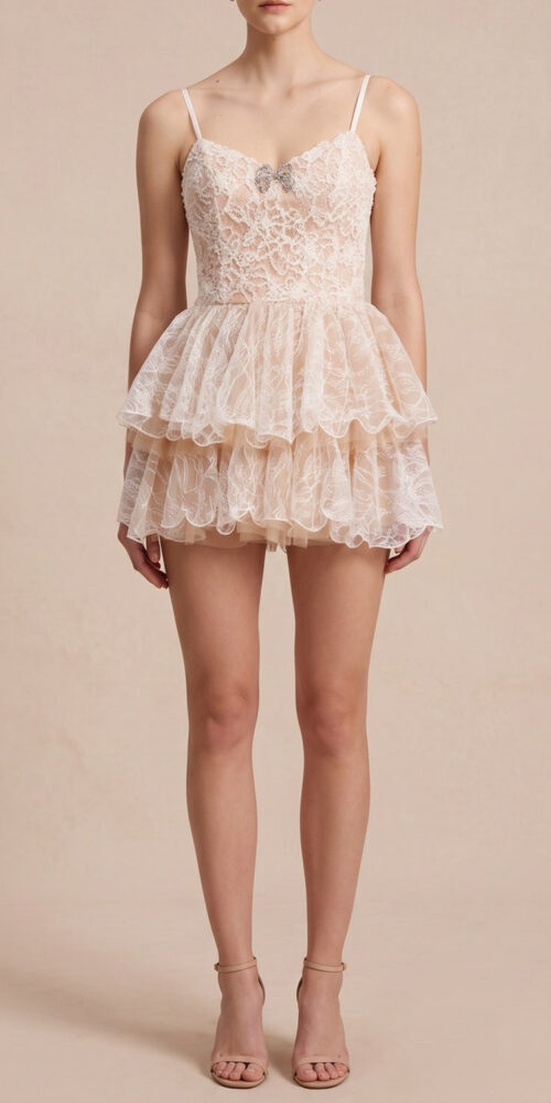 FLORAL LACE TIERED RUFFLE SPAGHETTI STRAP MINI DRESS