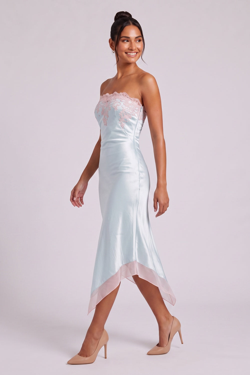 6b4de98e5e568109 PALE BLUE SATIN SHEATH DRESS PINK LACE TRIM COCKTAIL