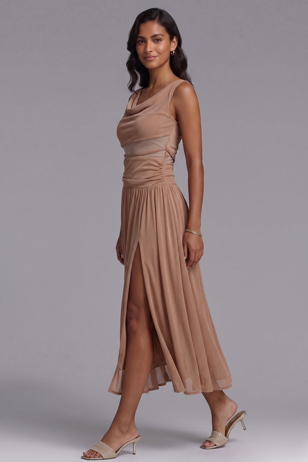 6b86ed908f5a4fd7 BEIGE FIT-AND-FLARE MIDI DRESS - LIGHTWEIGHT JERSEY