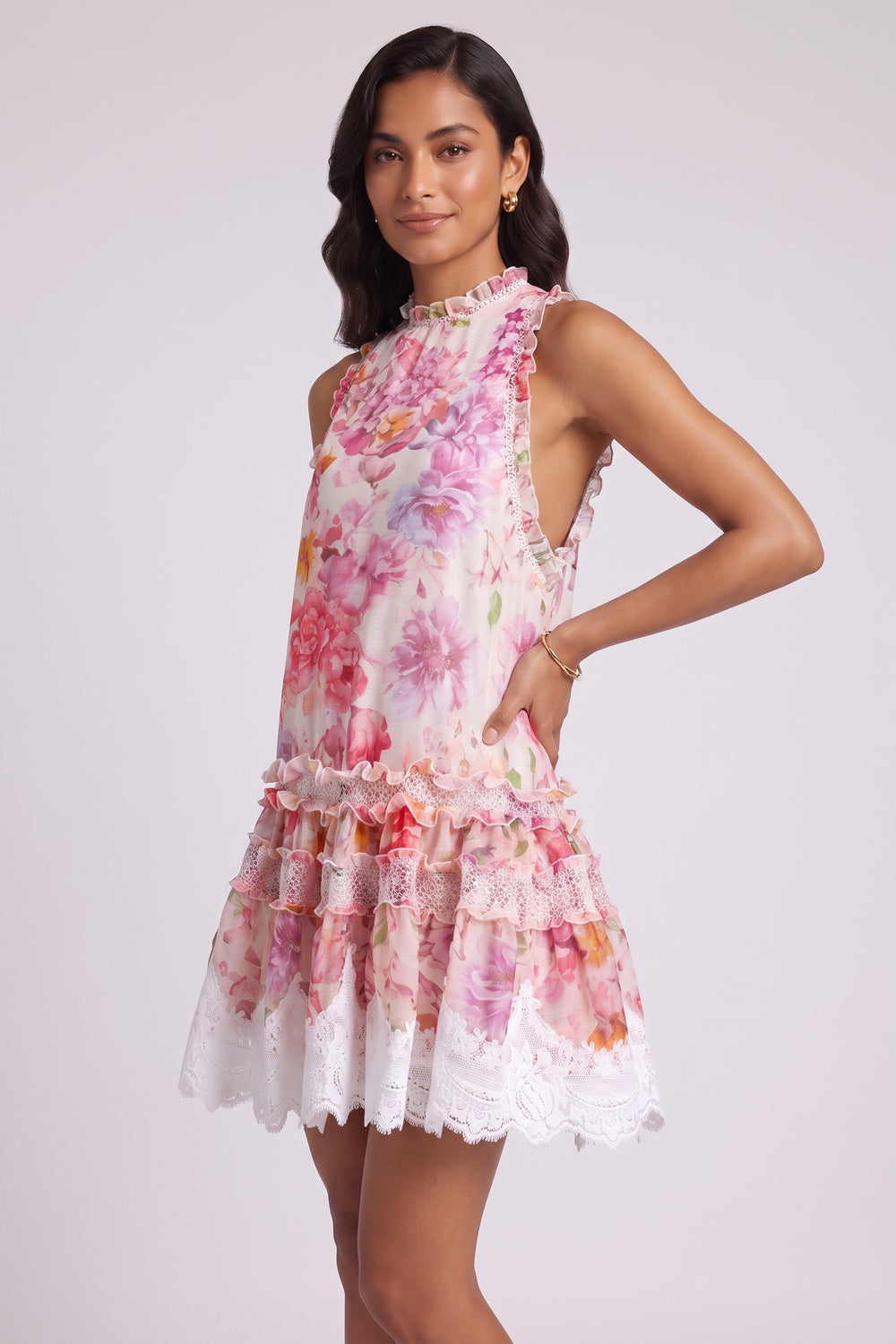 6ba686132f87d89d PINK CHIFFON A-LINE TIERED FLORAL PARTY DRESS