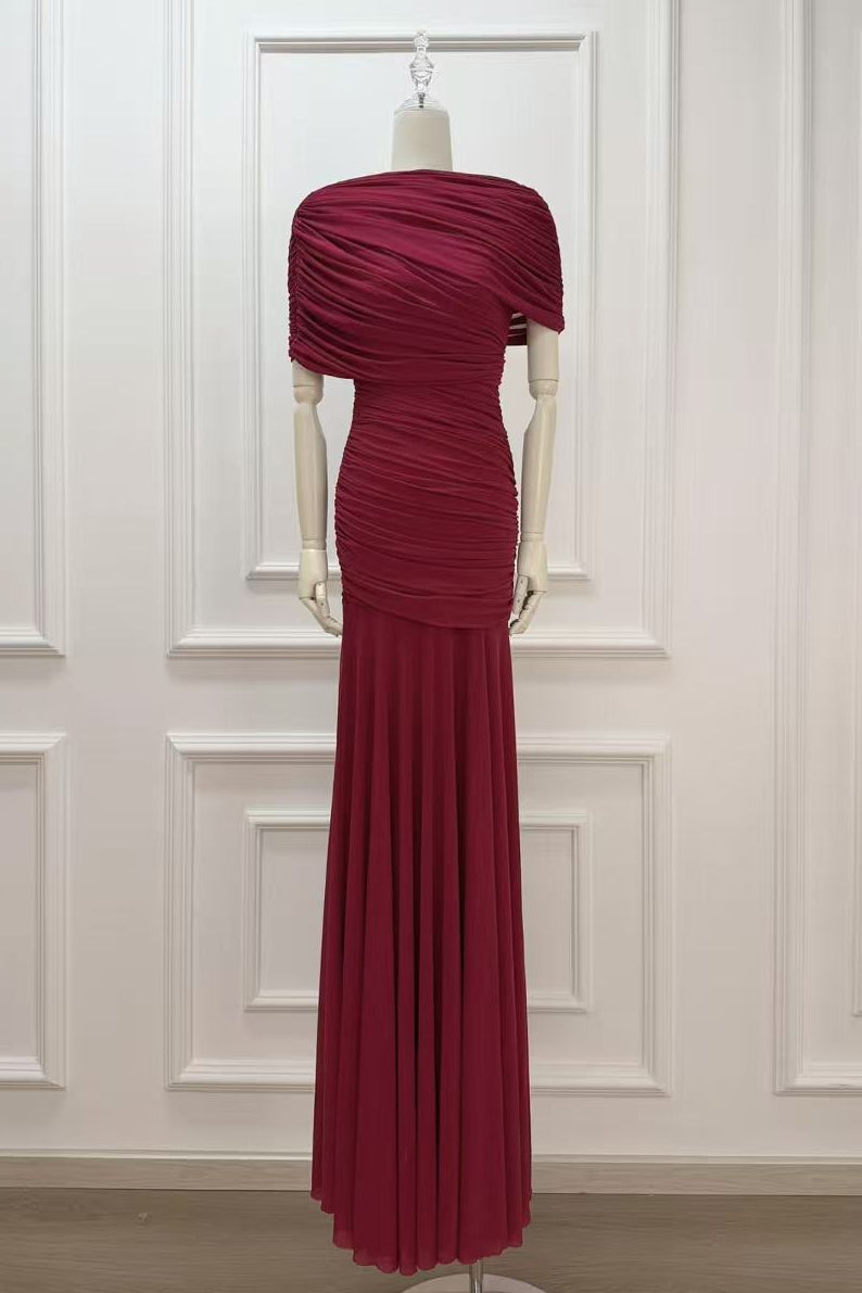 BURGUNDY MERMAID MESH EVENING GOWN