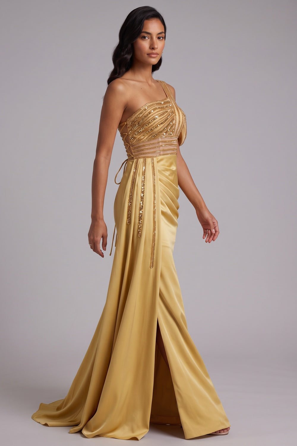 6c657ba26390e0c3 ONE SHOULDER BEADED MERMAID SATIN EVENING GOWN