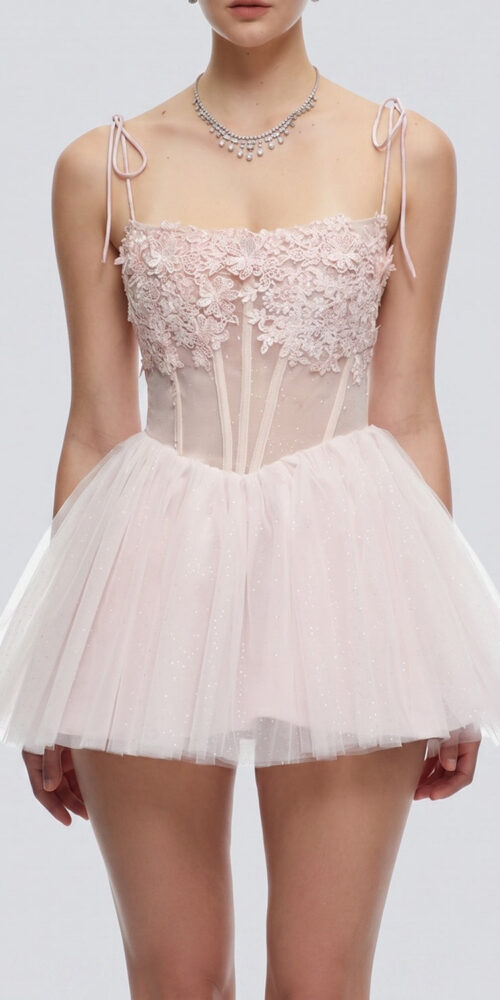 6c6bcb79f0909d48 3D FLORAL MESH CORSET TIE STRAP TULLE MINI DRESS