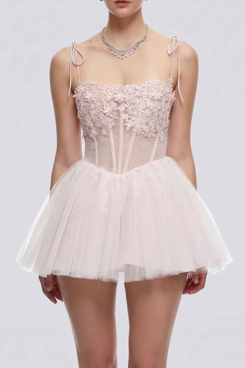 6c6bcb79f0909d48 3D FLORAL MESH CORSET TIE STRAP TULLE MINI DRESS