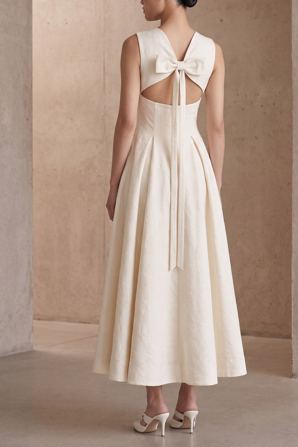 6c819e0b4befeb81 SCALLOPED V-NECK SLEEVELESS PLEATED A-LINE MIDI DRESS