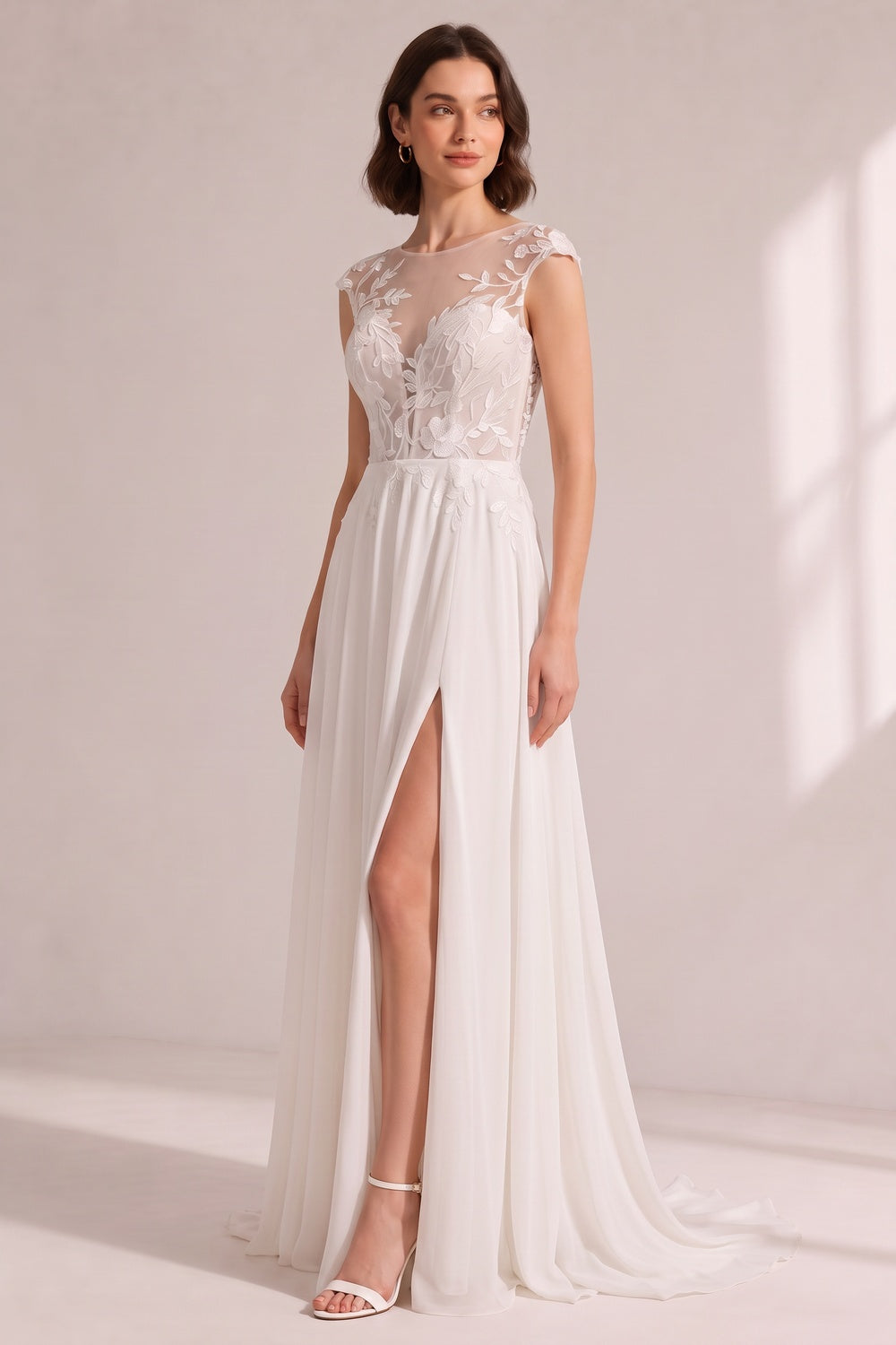 6c89cae0384e92f3 ILLUSION CAP SLEEVE LACE HIGH SLIT CHIFFON WEDDING GOWN
