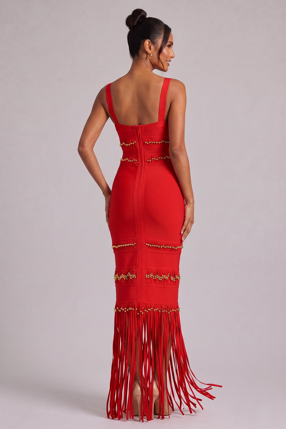 6c9926a66748568e RED FRINGE MAXI DRESS GOLD BEAD DETAIL PARTY