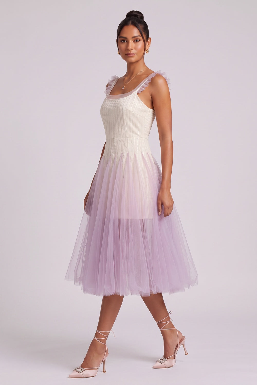 GRADIENT TULLE MIDI DRESS RUFFLE STRAPS WEDDING GUEST