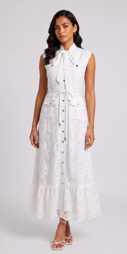 6cd38e4a31d224cc WHITE SLEEVELESS TIE-NECK LACE MIDI CARGO DRESS