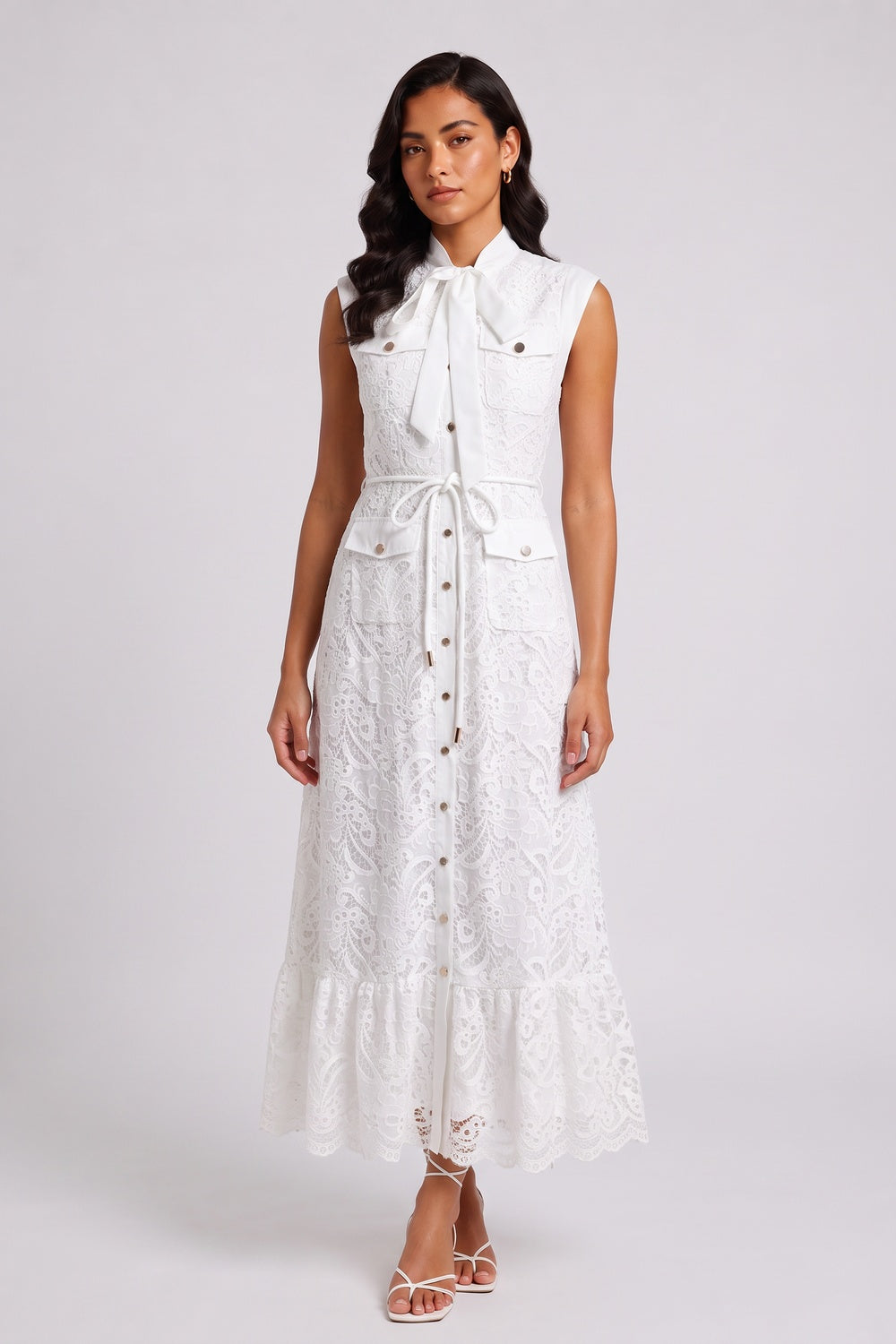 6cd38e4a31d224cc WHITE SLEEVELESS TIE-NECK LACE MIDI CARGO DRESS