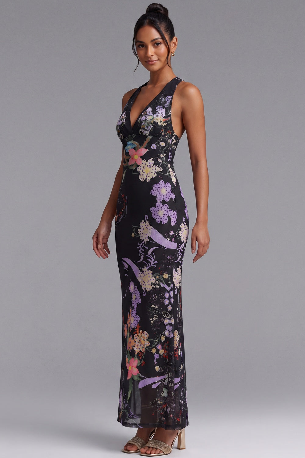 6d2785a393f7d84d BLACK SHEER FLORAL PRINT FITTED COLUMN MAXI DRESS
