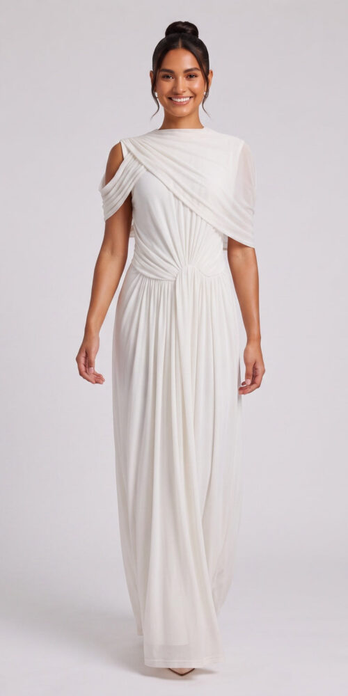 6d445547cc47f8fe WHITE COLD SHOULDER DRAPED MAXI DRESS FOR WOMEN