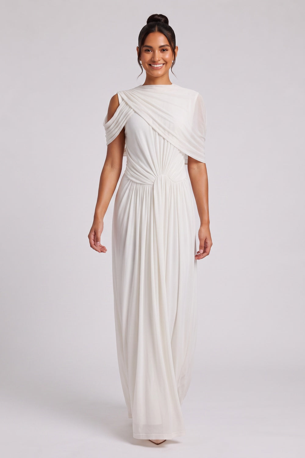 6d445547cc47f8fe WHITE COLD SHOULDER DRAPED MAXI DRESS FOR WOMEN