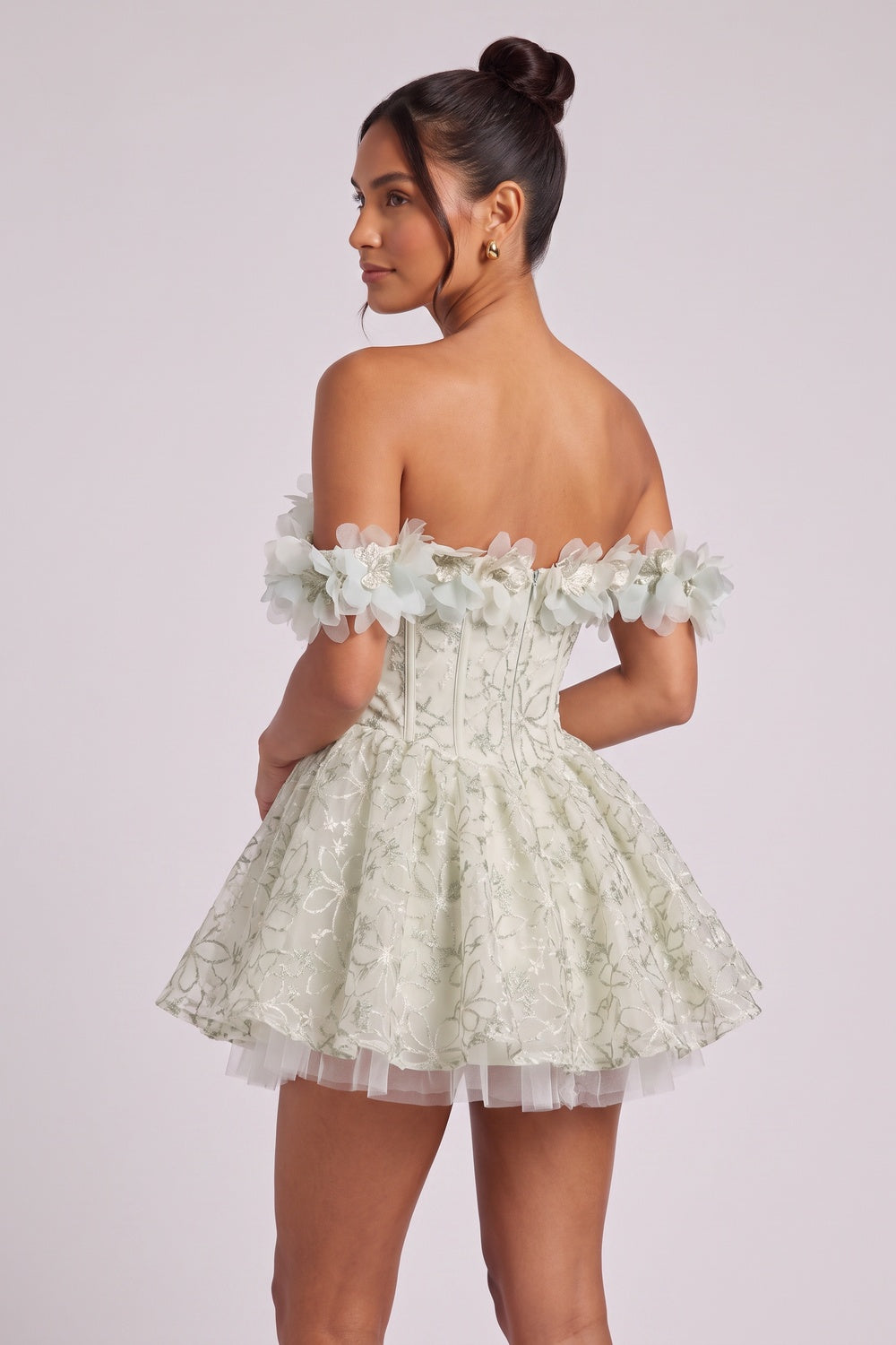6dc66f28bd339174 PALE SAGE ORGANZA FLORAL EMBROIDERED FIT-FLARE MINI DRESS
