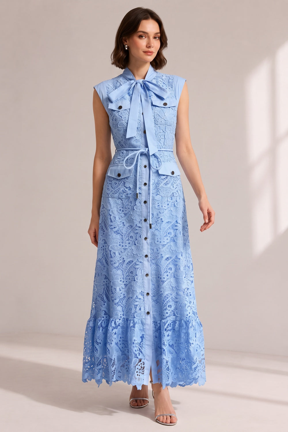 6e1bc5b82e909a09 SKY BLUE SLEEVELESS LACE MIDI SHIRT DRESS
