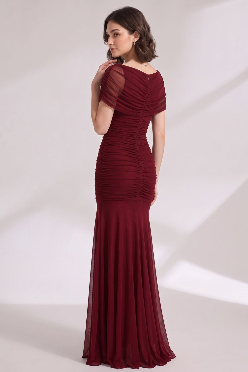 BURGUNDY MERMAID MESH EVENING GOWN