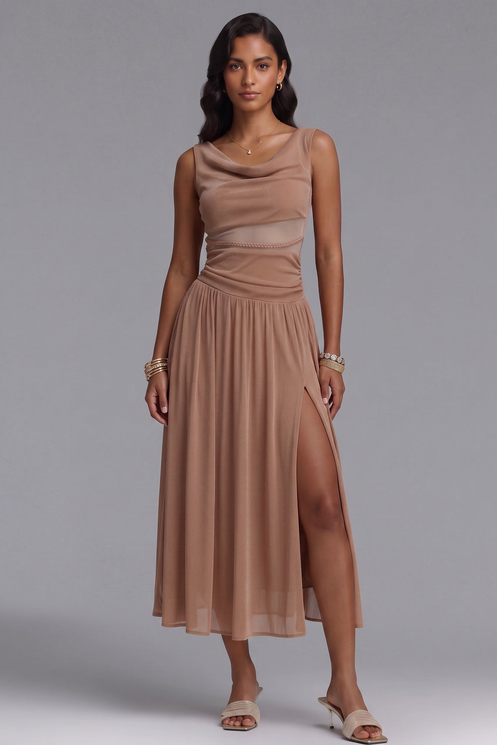 6ea0f83631741a44 BEIGE FIT-AND-FLARE MIDI DRESS - LIGHTWEIGHT JERSEY