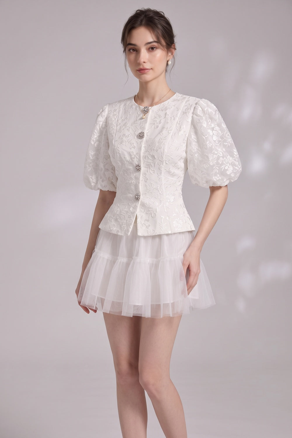 6ed62cafe7878c6d LACE PUFF SLEEVE CROP JACKET & TIERED TULLE MINI SKIRT SET