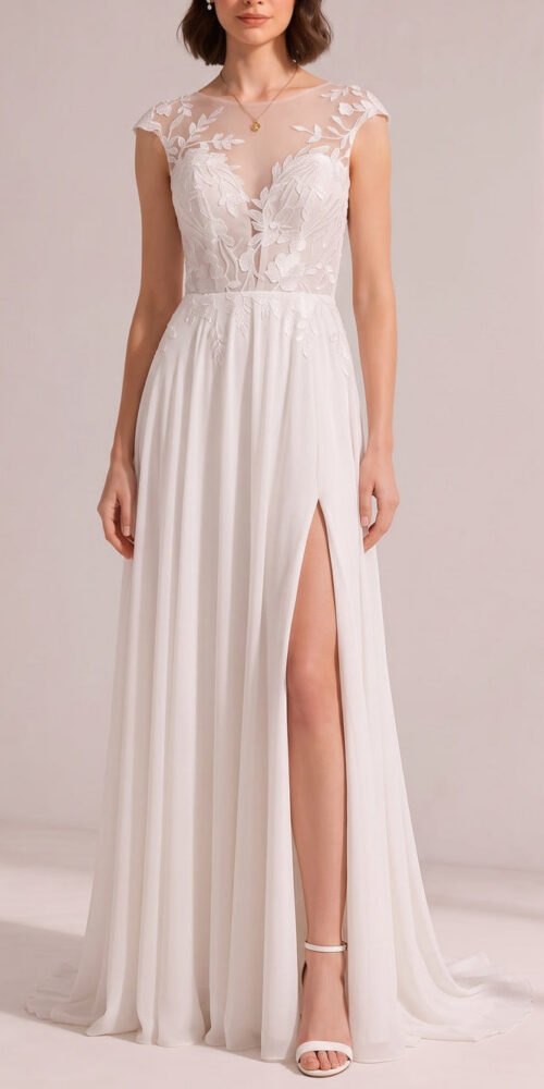 6ee90f889fb65b74 ILLUSION CAP SLEEVE LACE HIGH SLIT CHIFFON WEDDING GOWN