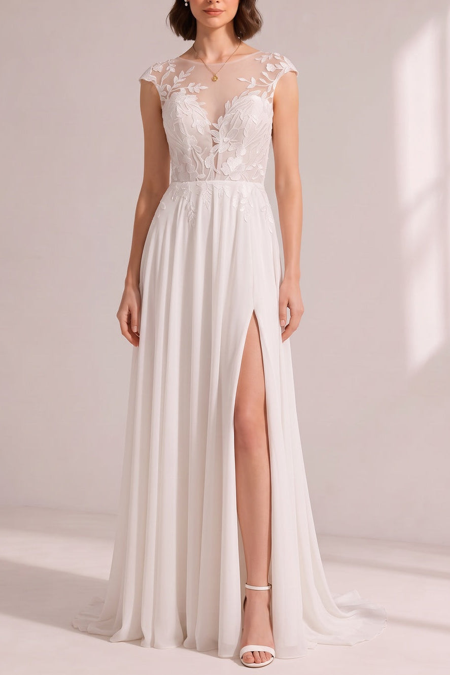 6ee90f889fb65b74 ILLUSION CAP SLEEVE LACE HIGH SLIT CHIFFON WEDDING GOWN