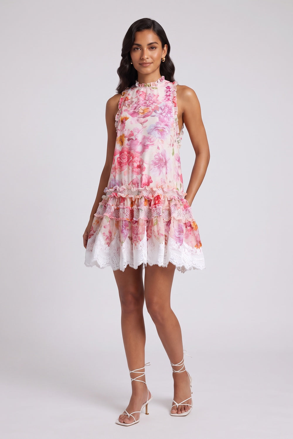 6f8559bd2f40ed54 PINK CHIFFON A-LINE TIERED FLORAL PARTY DRESS
