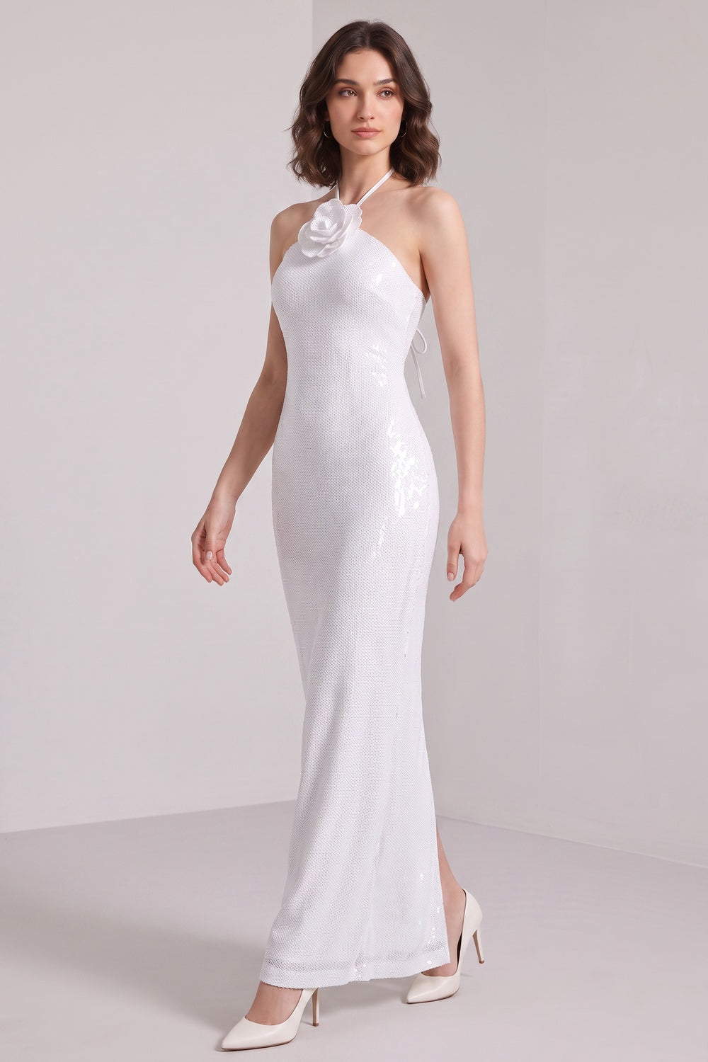 WHITE SEQUIN MESH COLUMN DRESS FLOWER EMBELLISHMENT