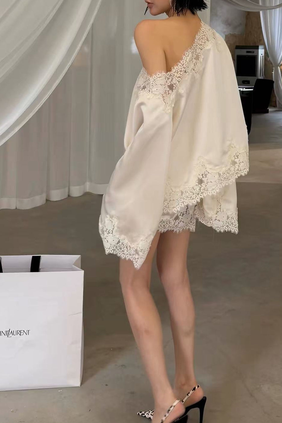 OFF-SHOULDER LACE SATIN CO-ORD SET FOR PARTY