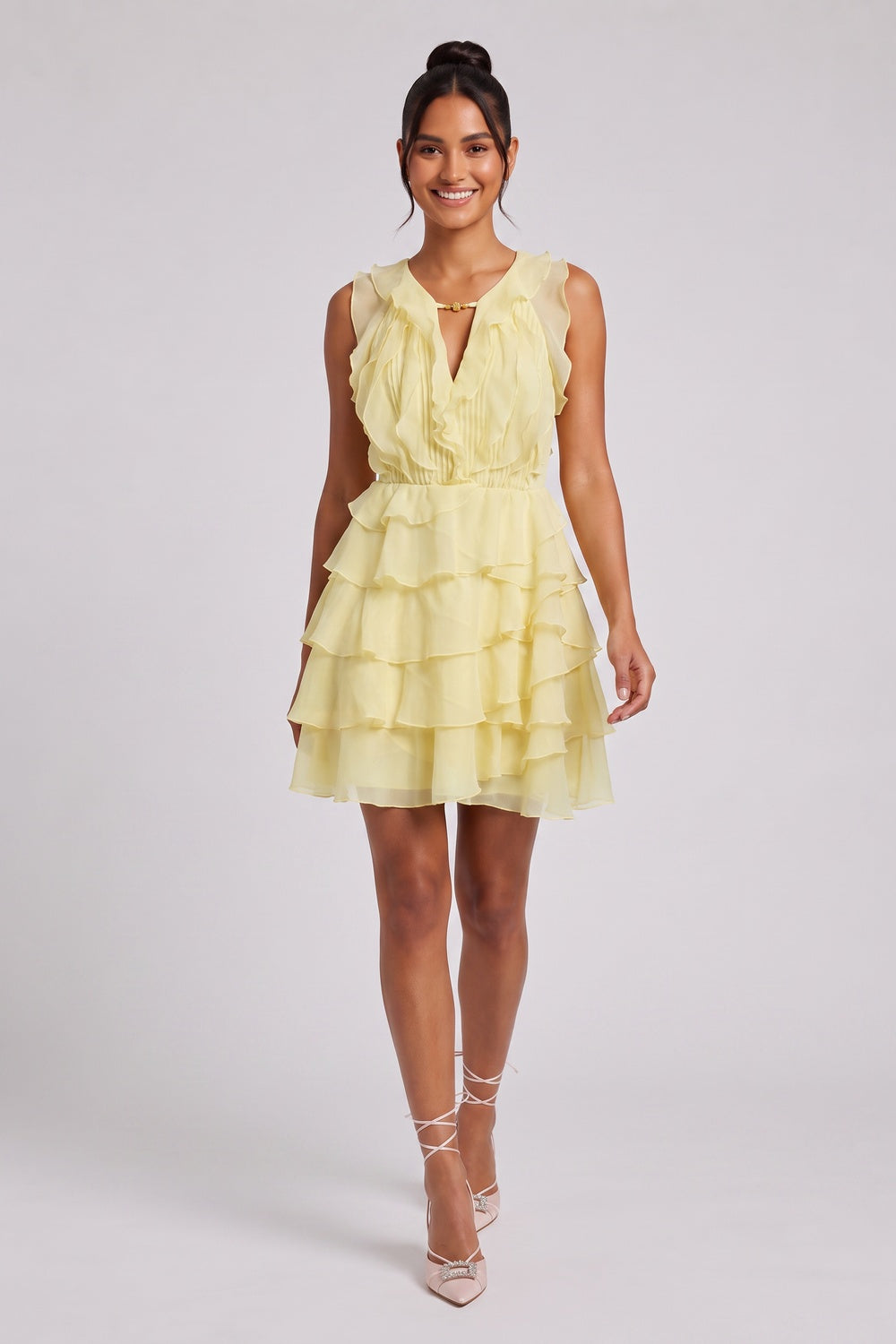 701567620c7fe394 PASTEL YELLOW CHIFFON FIT & FLARE MINI DRESS