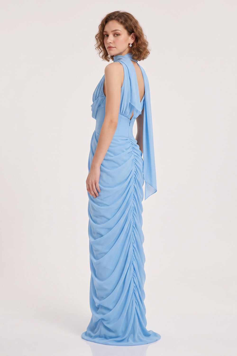 LIGHT BLUE COWL NECK RUCHED MAXI GOWN