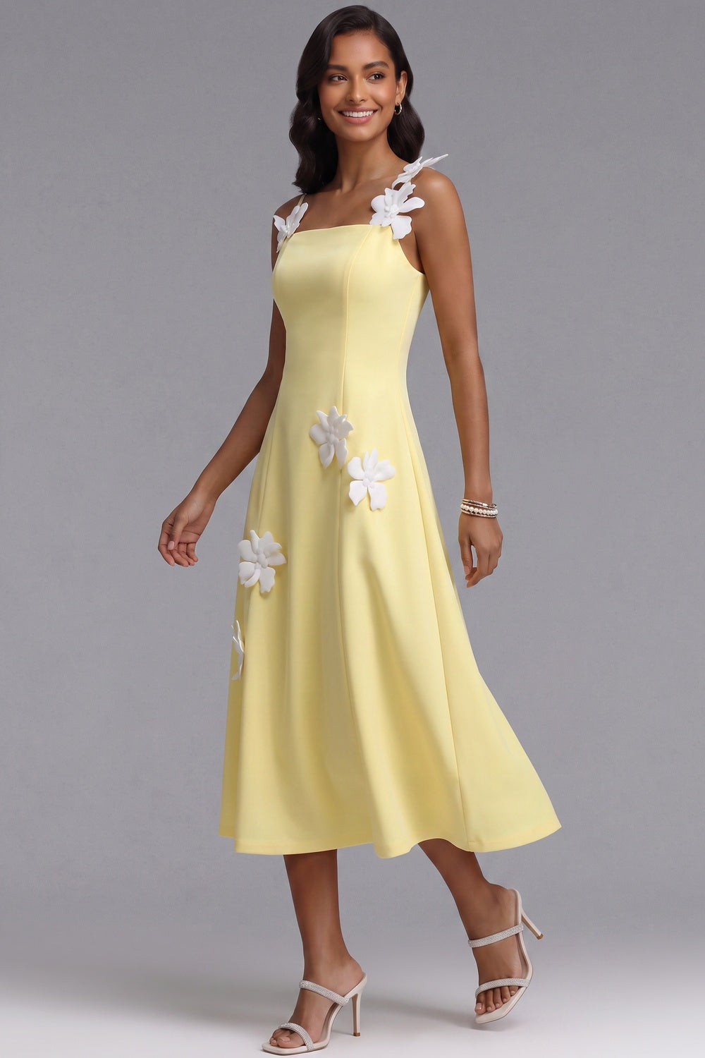 70eb9653916e5d9a PASTEL YELLOW CREPE A-LINE MIDI DRESS WITH 3D FLORALS