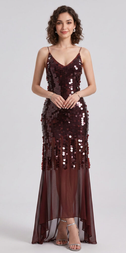 70fd82fcf91b9f0c BURGUNDY SEQUIN SHEATH DRESS WITH FLARED SHEER SKIRT
