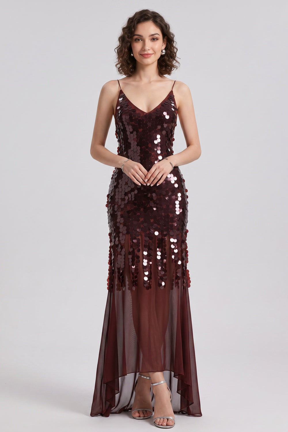 70fd82fcf91b9f0c BURGUNDY SEQUIN SHEATH DRESS WITH FLARED SHEER SKIRT